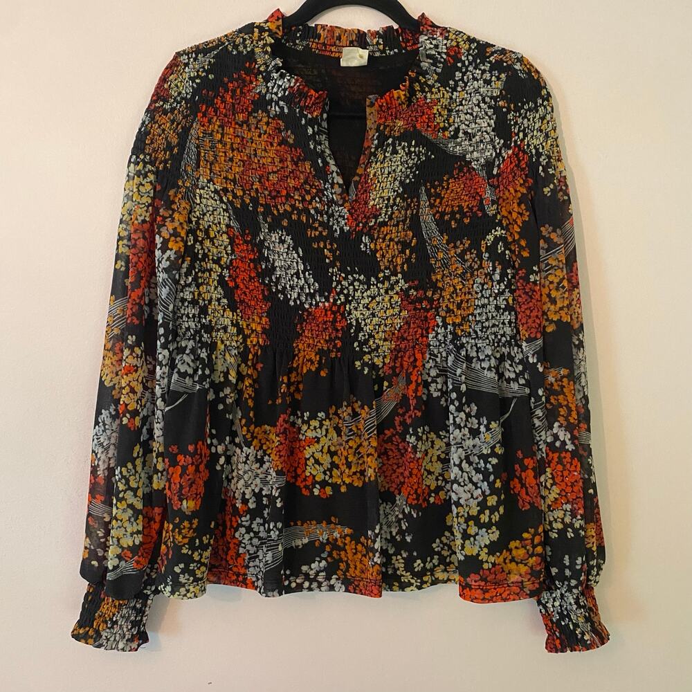 Anthropologie Black Red Blue Smocked Long Sleeve Blouse Abstract Boho size Small